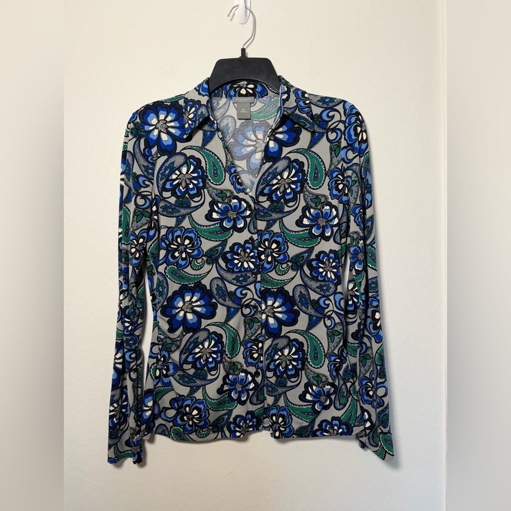 Ann Taylor Stretchy Paisley Button Down Blouse - Size Medium Petite